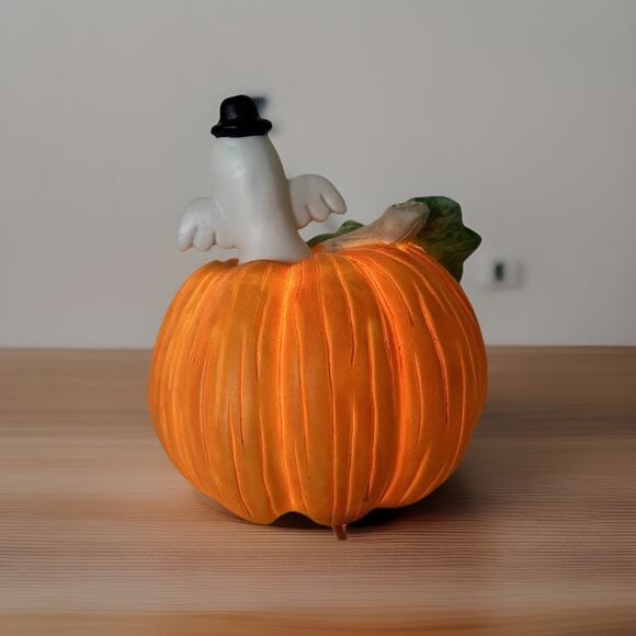 Hand Painted Porcelain Lighted Pumpkin And Ghost. - Picture 2 of 2